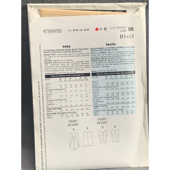 See & Sew Easy Vest Sewing Pattern B5445 Sz L-XXLuncut - Picture 2 of 2